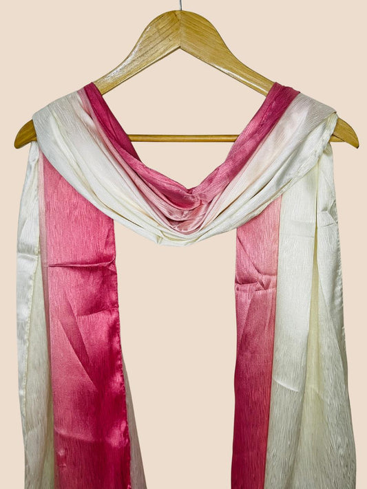 Crinkle Matte Silk Double Shaded Stole - Crimson Pink & Creamy Shades