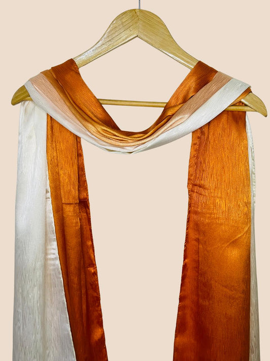 Crinkle Matte Silk Double Shaded Stole - Dark Orange & Creamy Shades