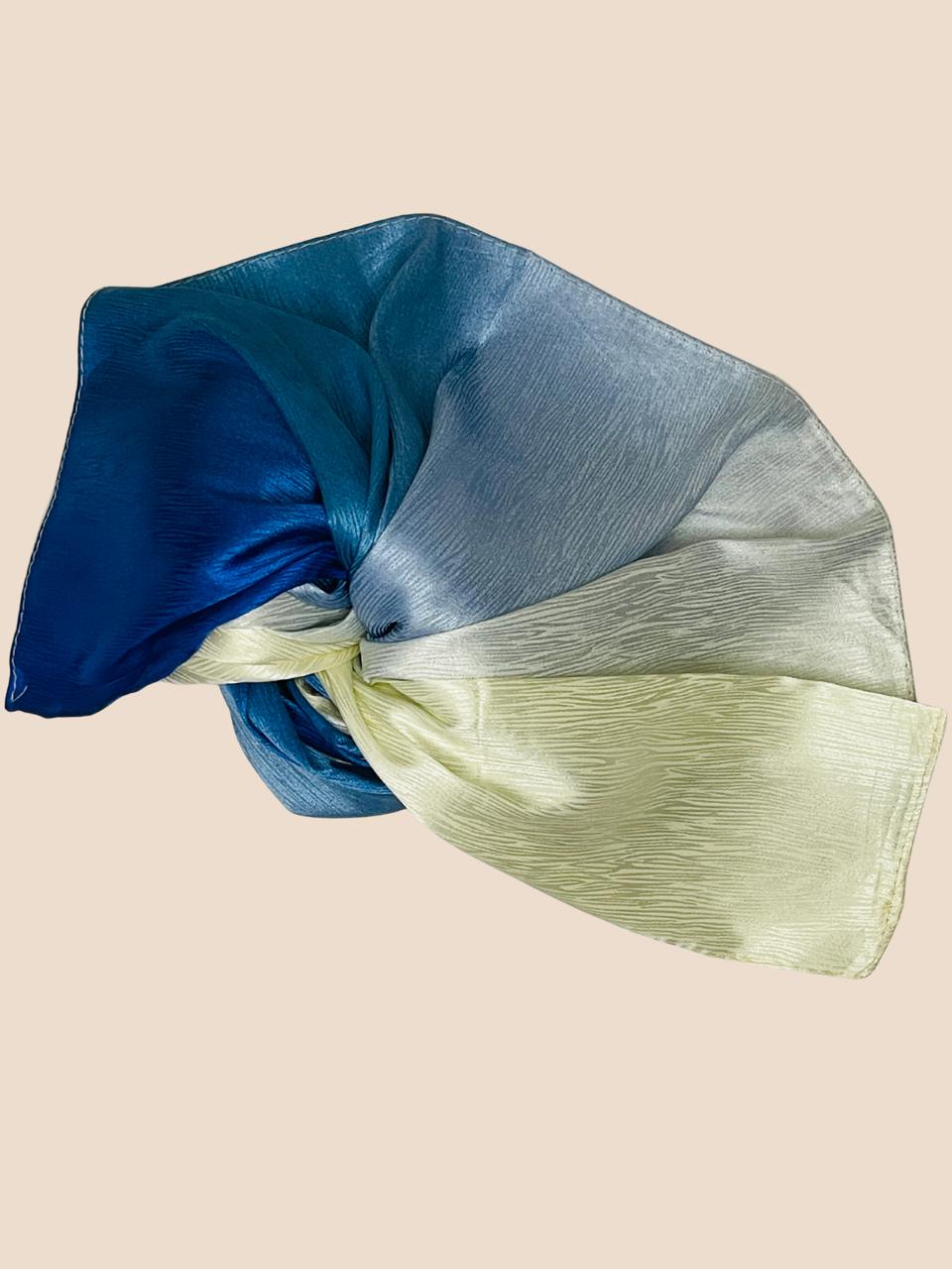 Crinkle Matte Silk Double Shaded Stole - Blue & Creamy Shades