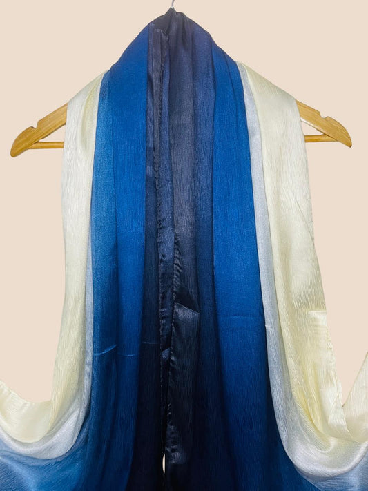 Crinkle Matte Silk Double Shaded Stole - Ink Blue & Creamy Shades