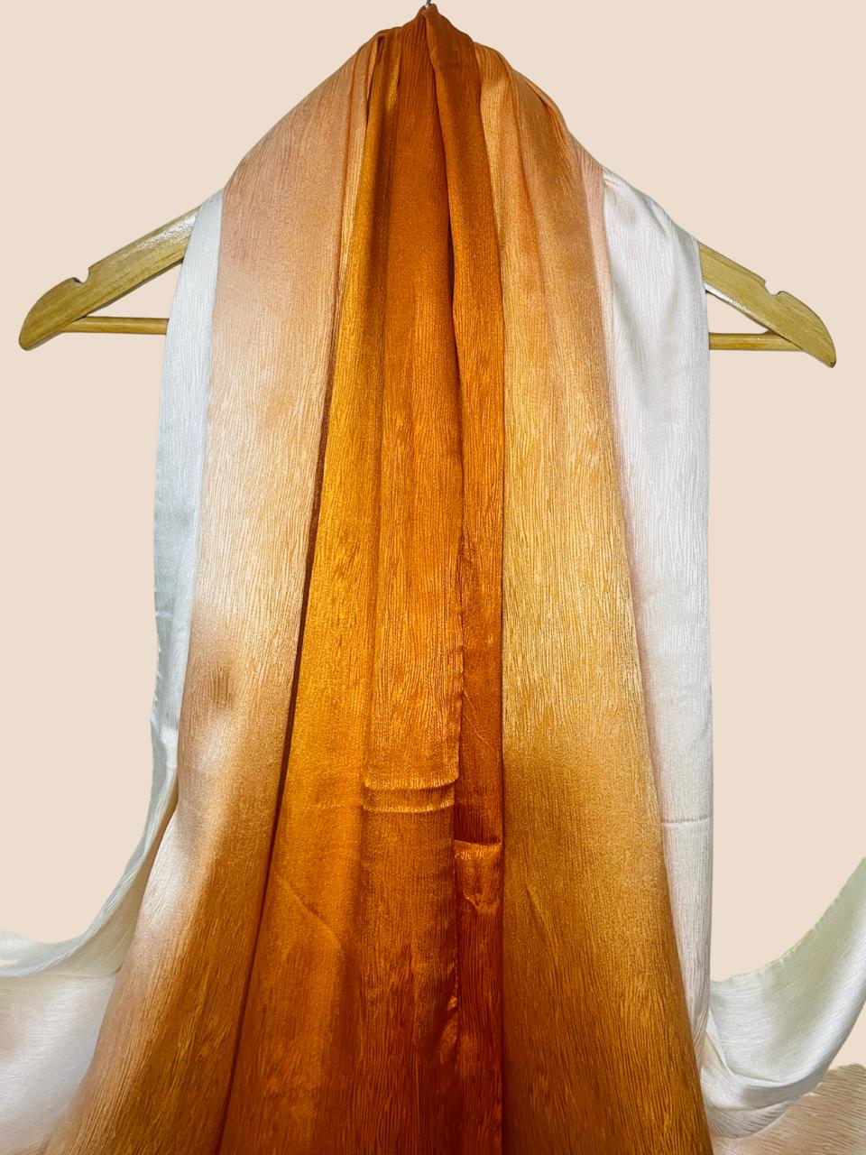 Crinkle Matte Silk Double Shaded Stole - Dark Orange & Creamy Shades