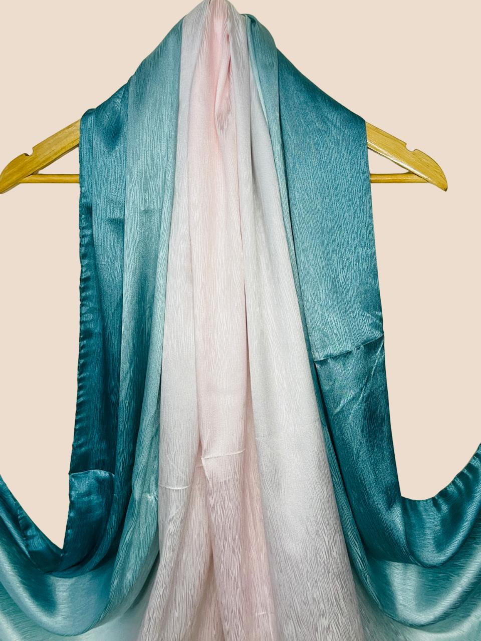 Crinkle Matte Silk Double Shaded Stole - Teal Green & Pinkish Shades