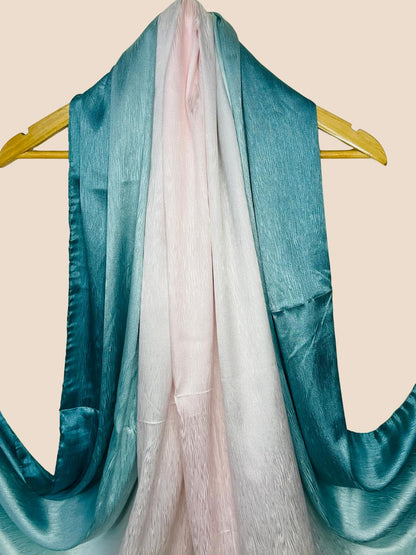 Crinkle Matte Silk Double Shaded Stole - Teal Green & Pinkish Shades