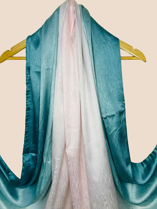 Crinkle Matte Silk Double Shaded Stole - Teal Green & Pinkish Shades