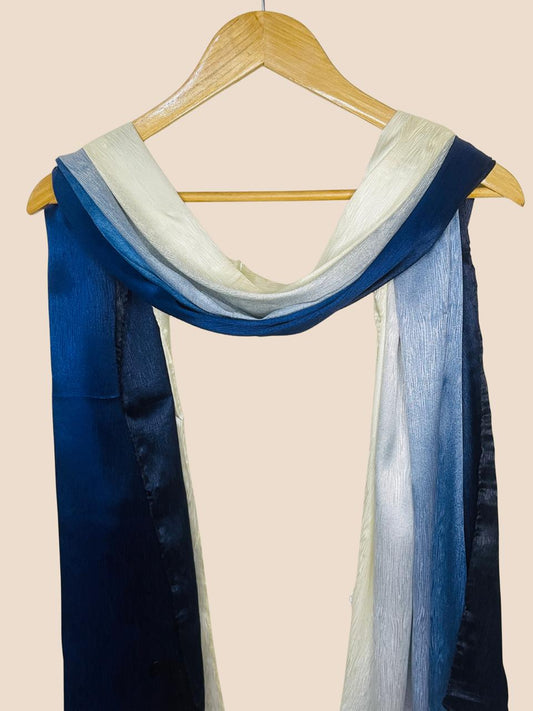 Crinkle Matte Silk Double Shaded Stole - Ink Blue & Creamy Shades