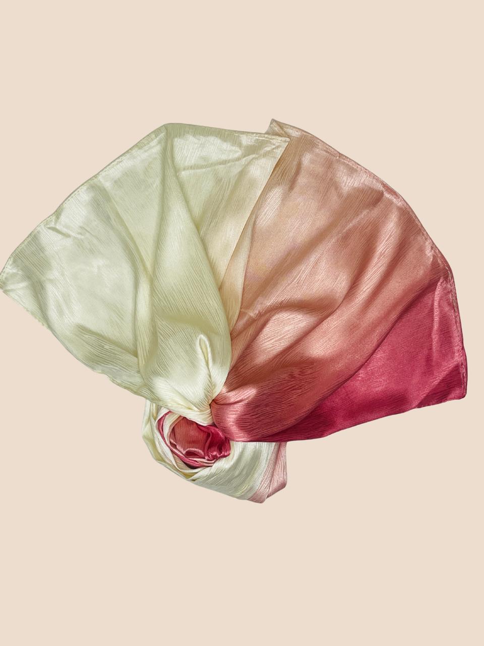 Crinkle Matte Silk Double Shaded Stole - Crimson Pink & Creamy Shades