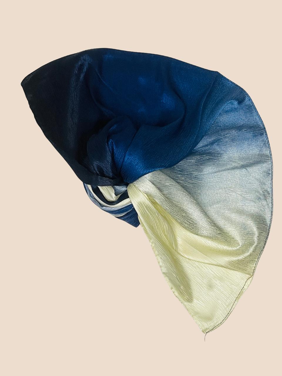 Crinkle Matte Silk Double Shaded Stole - Ink Blue & Creamy Shades