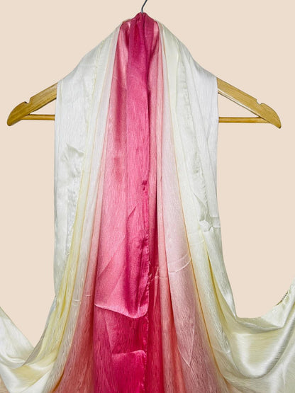 Crinkle Matte Silk Double Shaded Stole - Crimson Pink & Creamy Shades