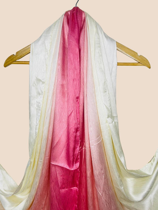 Crinkle Matte Silk Double Shaded Stole - Crimson Pink & Creamy Shades