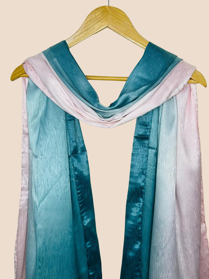 Crinkle Matte Silk Double Shaded Stole - Teal Green & Pinkish Shades